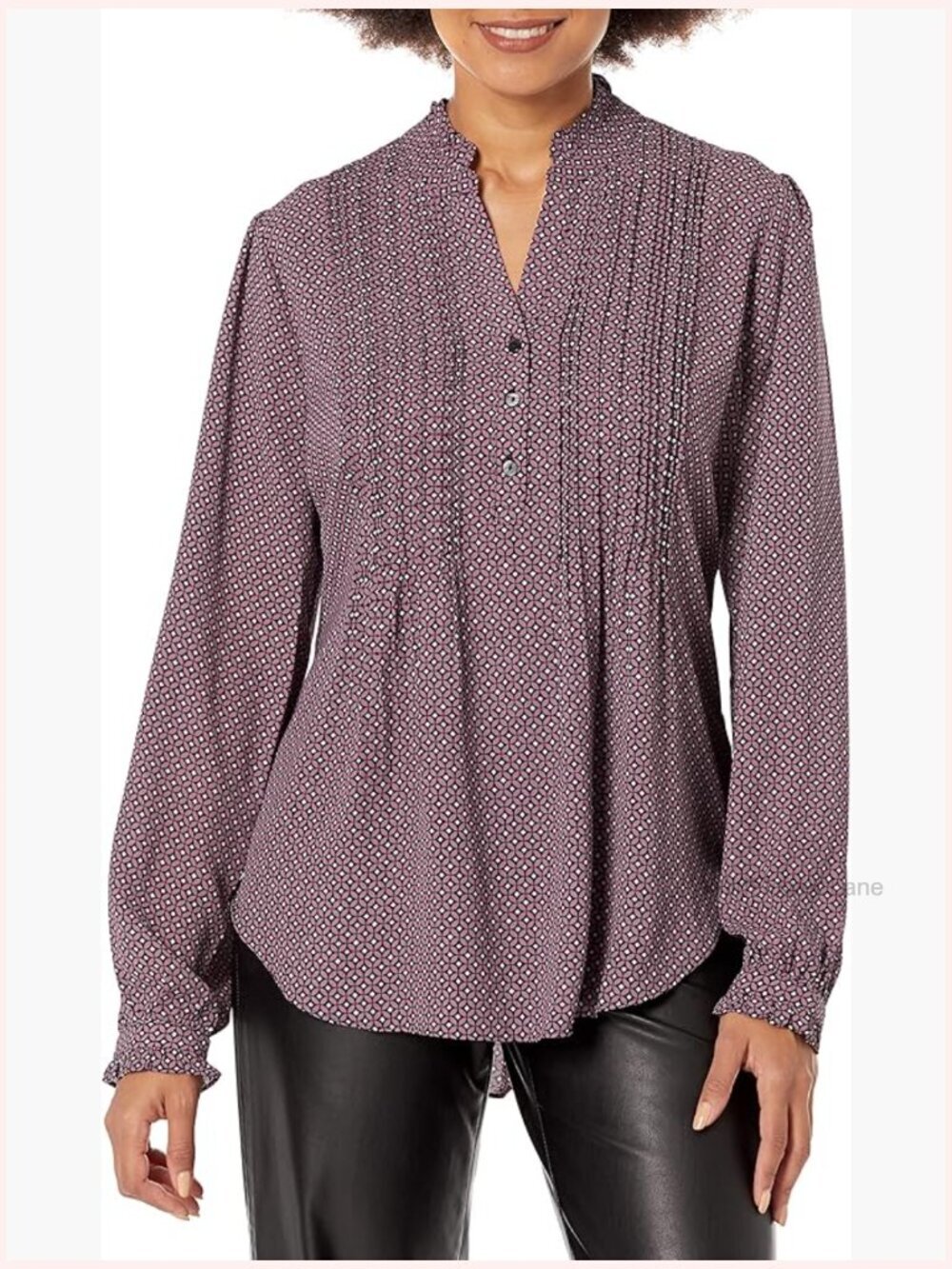 Pleat Front Tunic Blouse with Ruffle Cuff